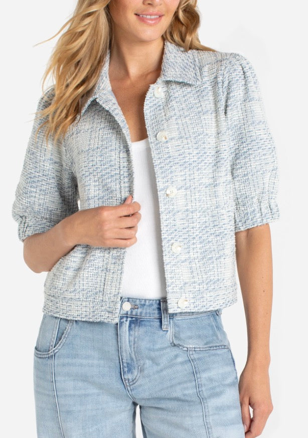 LM1C78BC17 Puff Sleeve Jacket Cream Blue Plaid - Urban Shoetique