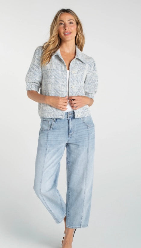 LM1C78BC17 Puff Sleeve Jacket Cream Blue Plaid - Urban Shoetique