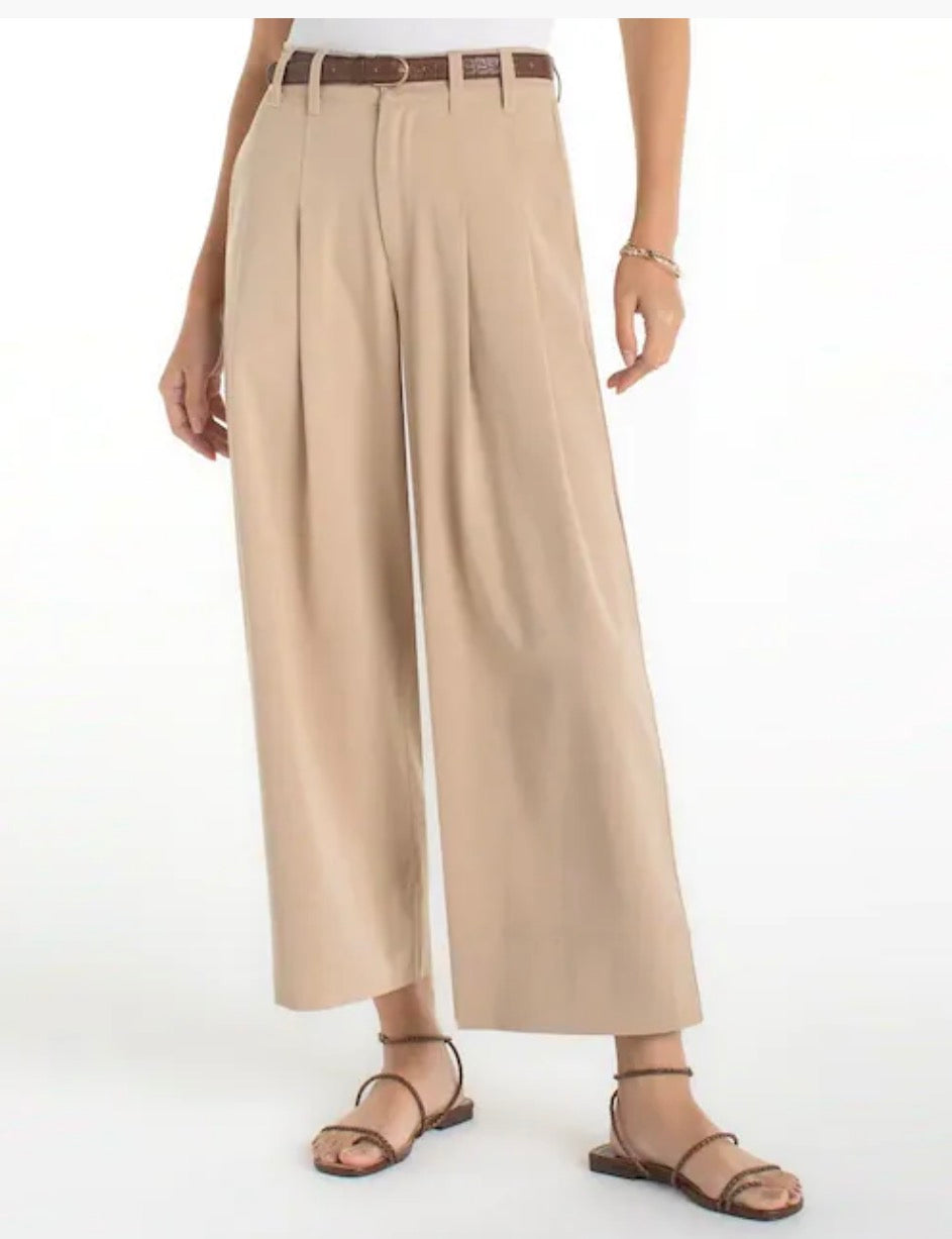 LM7B06TS39 Pleated Wide Leg Crop Trouser in cappuccino - Urban Shoetique