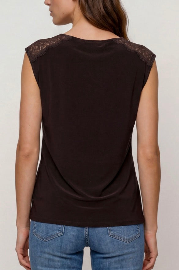 Draped Neck Sleeveless Knit Top w/Lace LM8L78VMK