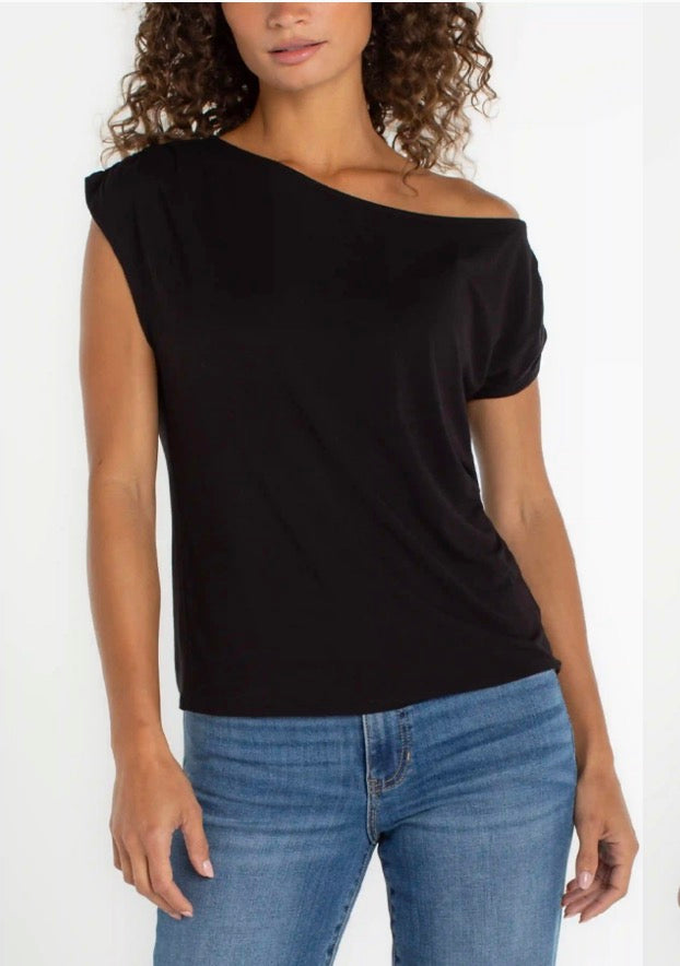LM8K26VMK Asymmetrical Off Shoulder Knit Top in Black - Urban Shoetique