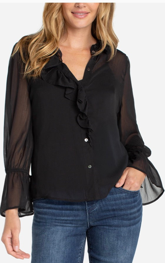 LM8K90PC Long Sleeve Front Woven Ruffle Shirt in Black - Urban Shoetique