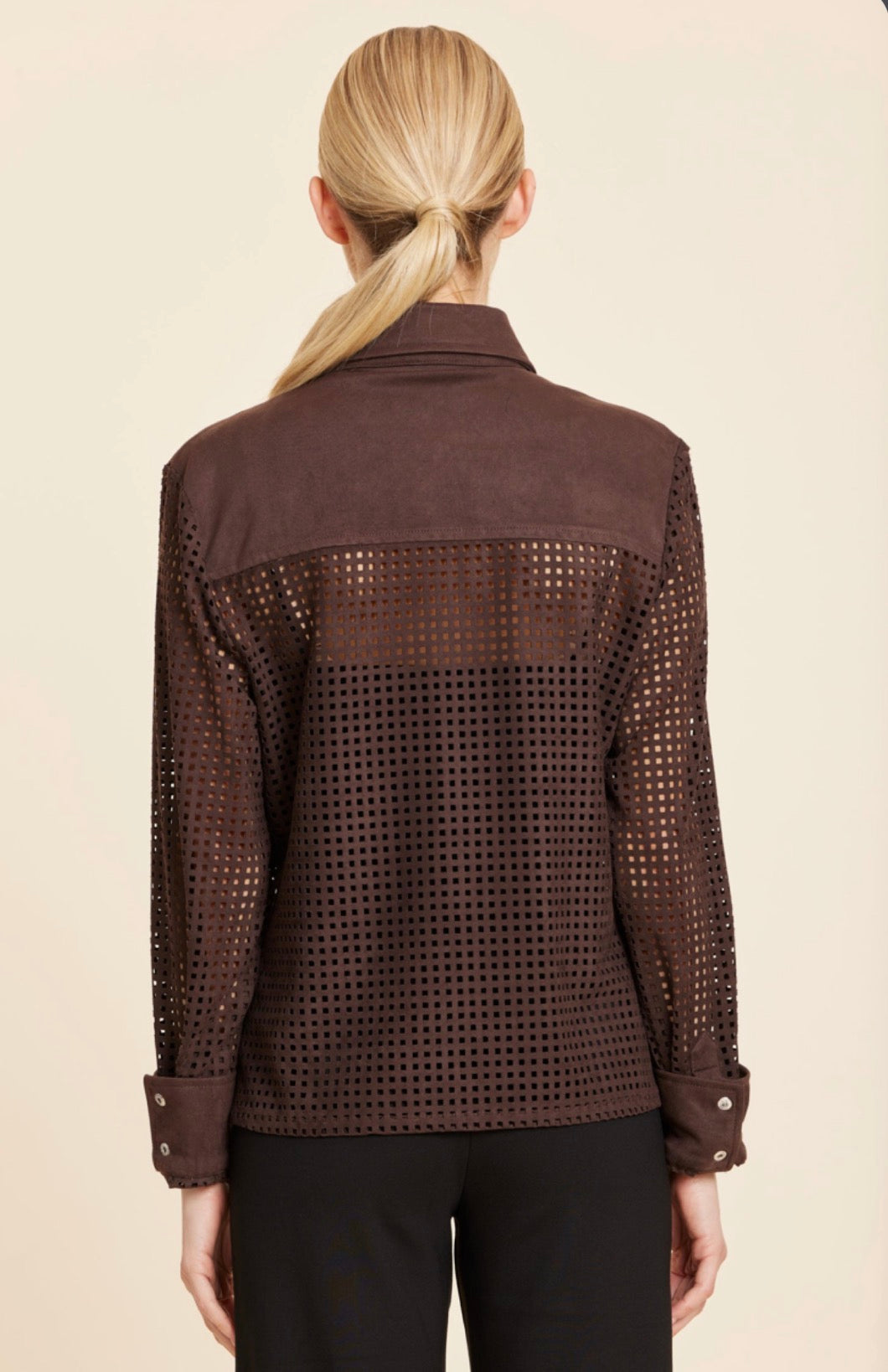 Faux Suede Lattice Cut Out Shirt