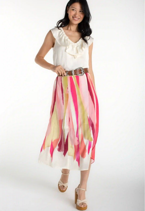 LM6397HE946 Pull On Woven Maxi Skirt in Pink Multi - Urban Shoetique