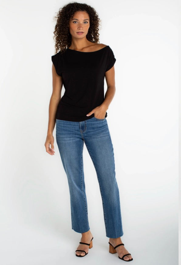 LM8K26VMK Asymmetrical Off Shoulder Knit Top in Black - Urban Shoetique