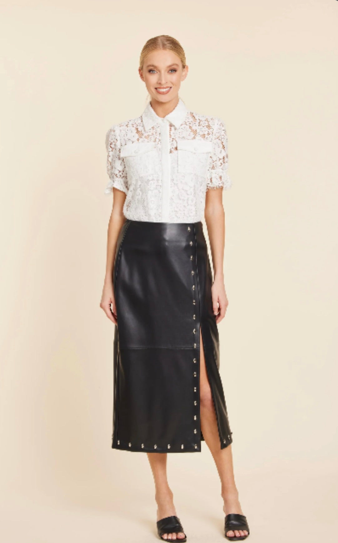 Faux Leather Studded Detail Midi Skirt