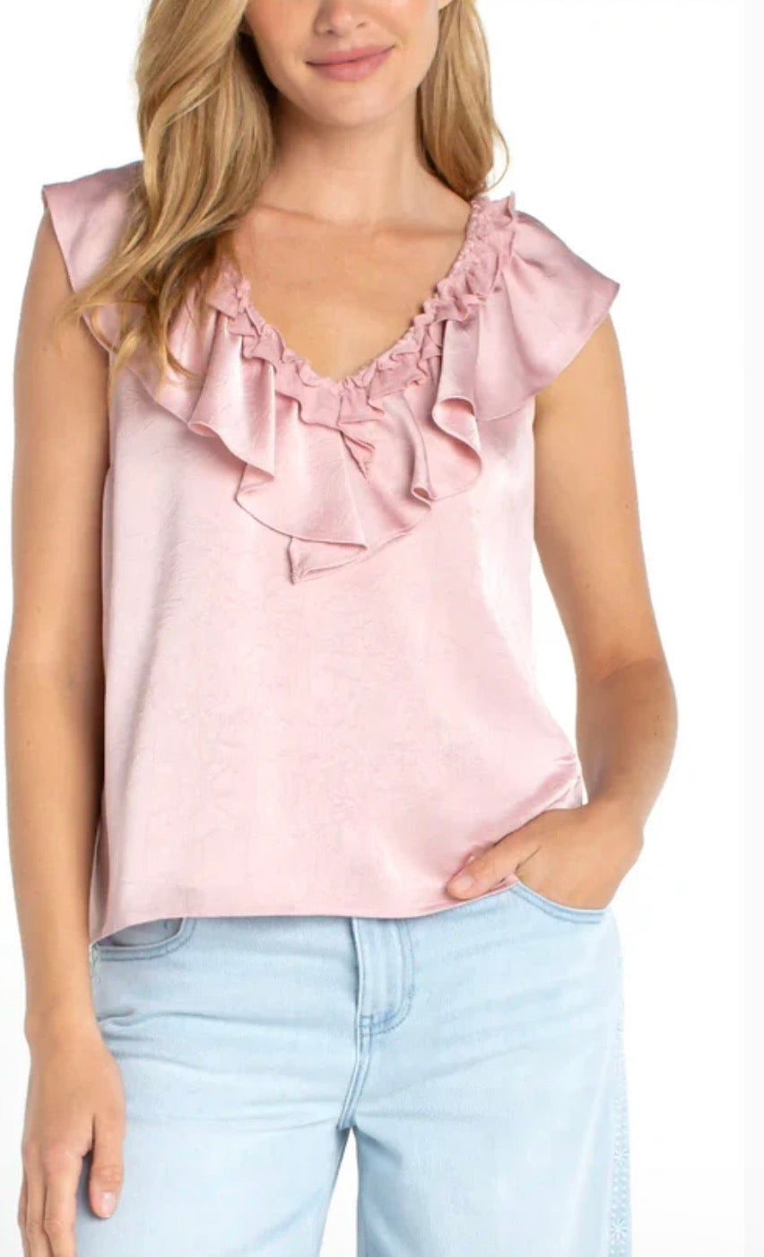 Ruffle Front Sleeveless Woven-to-knit Top in Light Rose - Urban Shoetique
