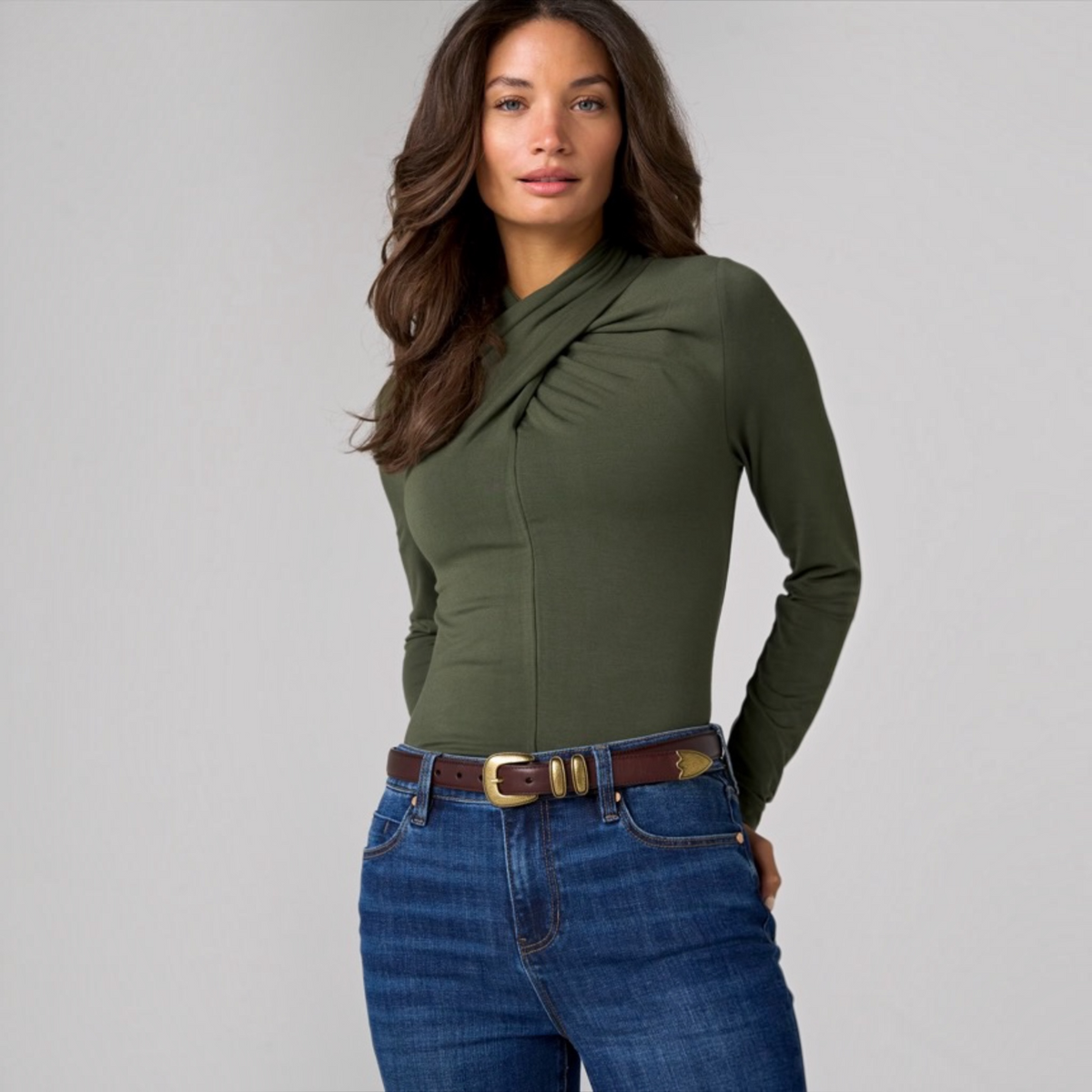 Long Sleeve Wrap Neck Knit Top LM8L49VMK Hunter Green
