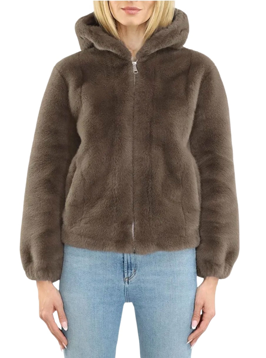 Faux Fur Hooded Cardigan w/Zip Front