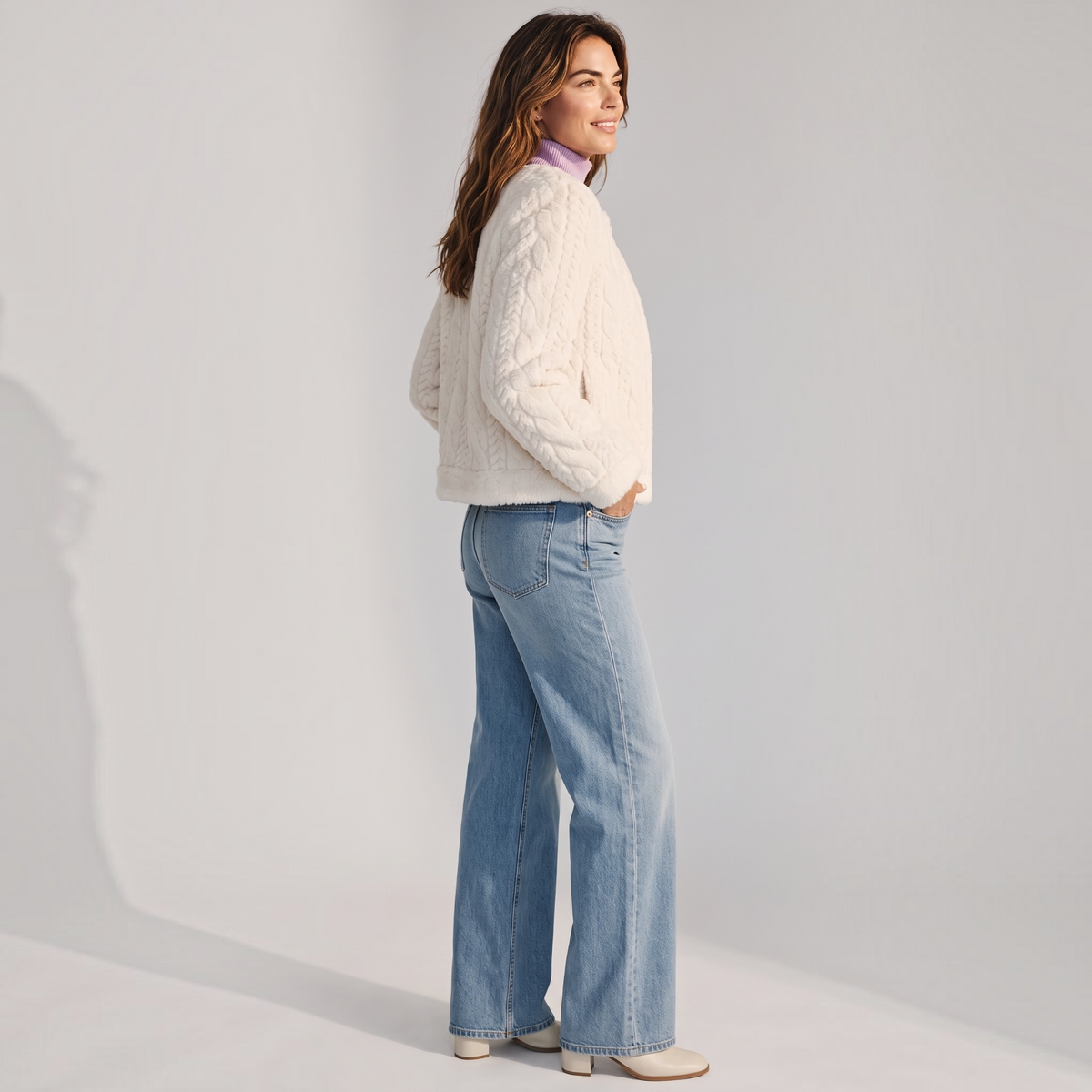 Cable Patterned Faux Fur Crew Neck Cardigan
