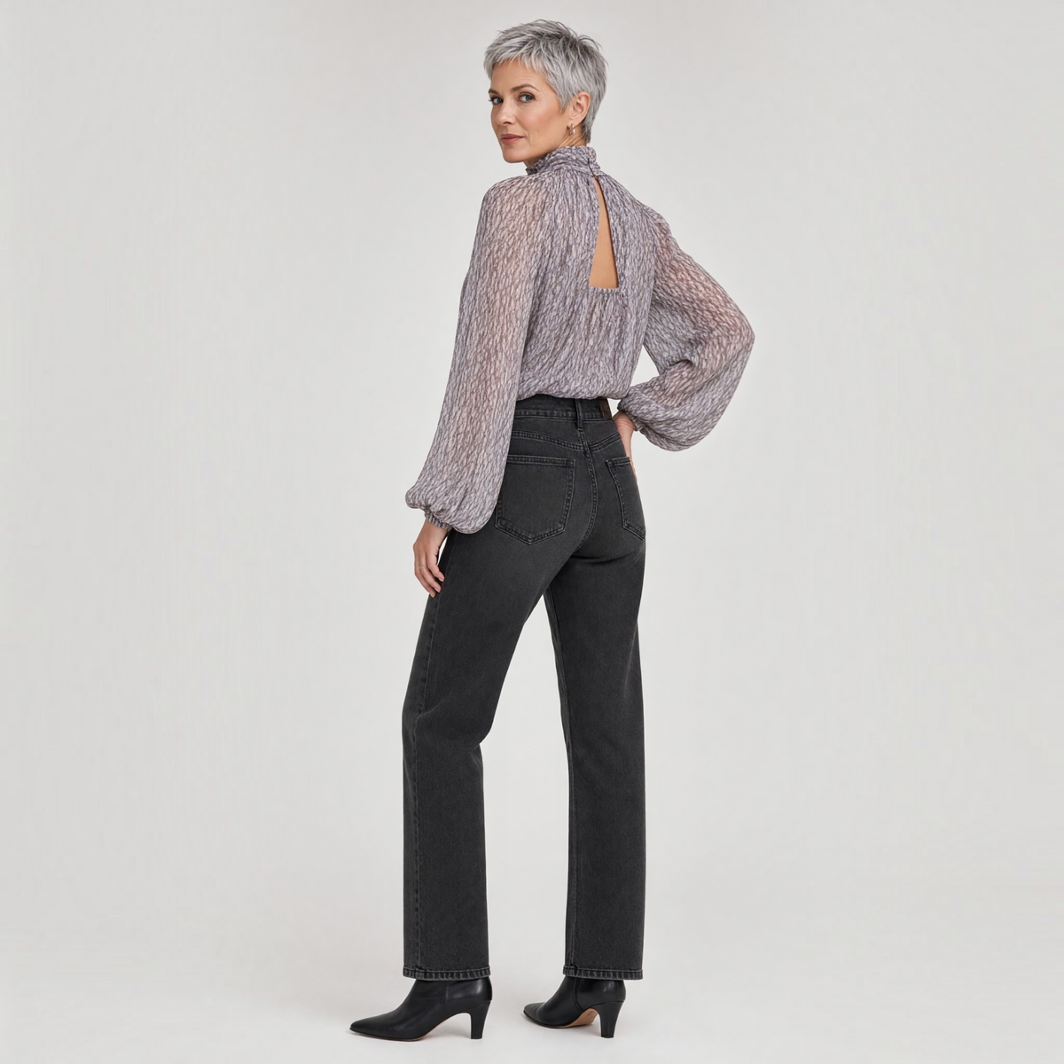 Long Sleeve Shirred Mock Neck Woven Top LM8L89WN10