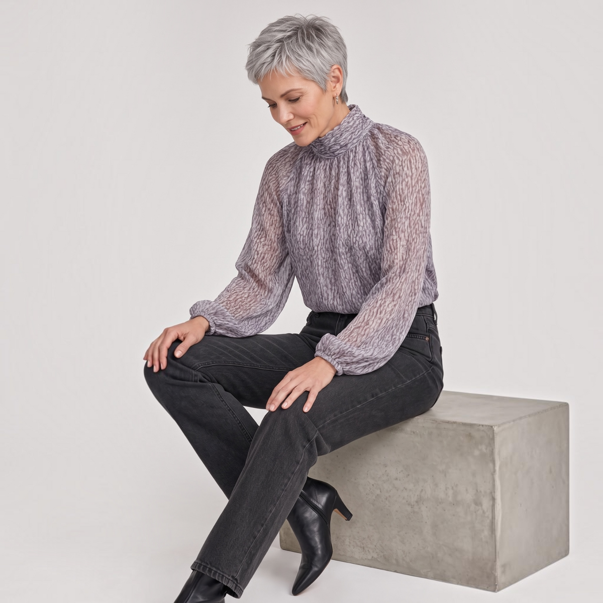 Long Sleeve Shirred Mock Neck Woven Top LM8L89WN10