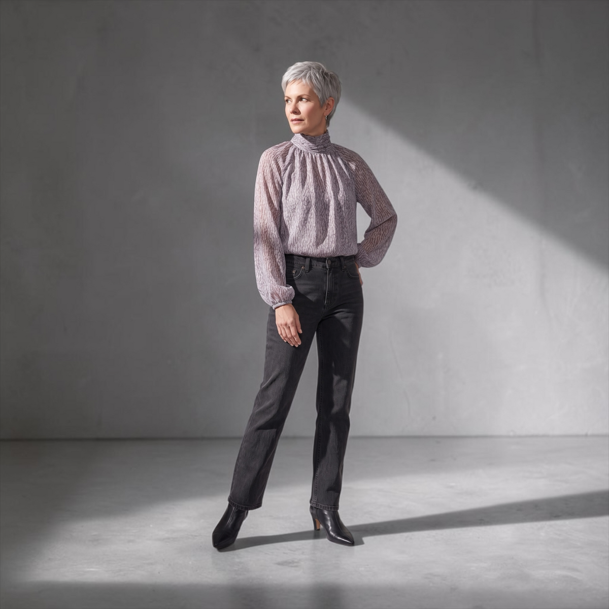 Long Sleeve Shirred Mock Neck Woven Top LM8L89WN10