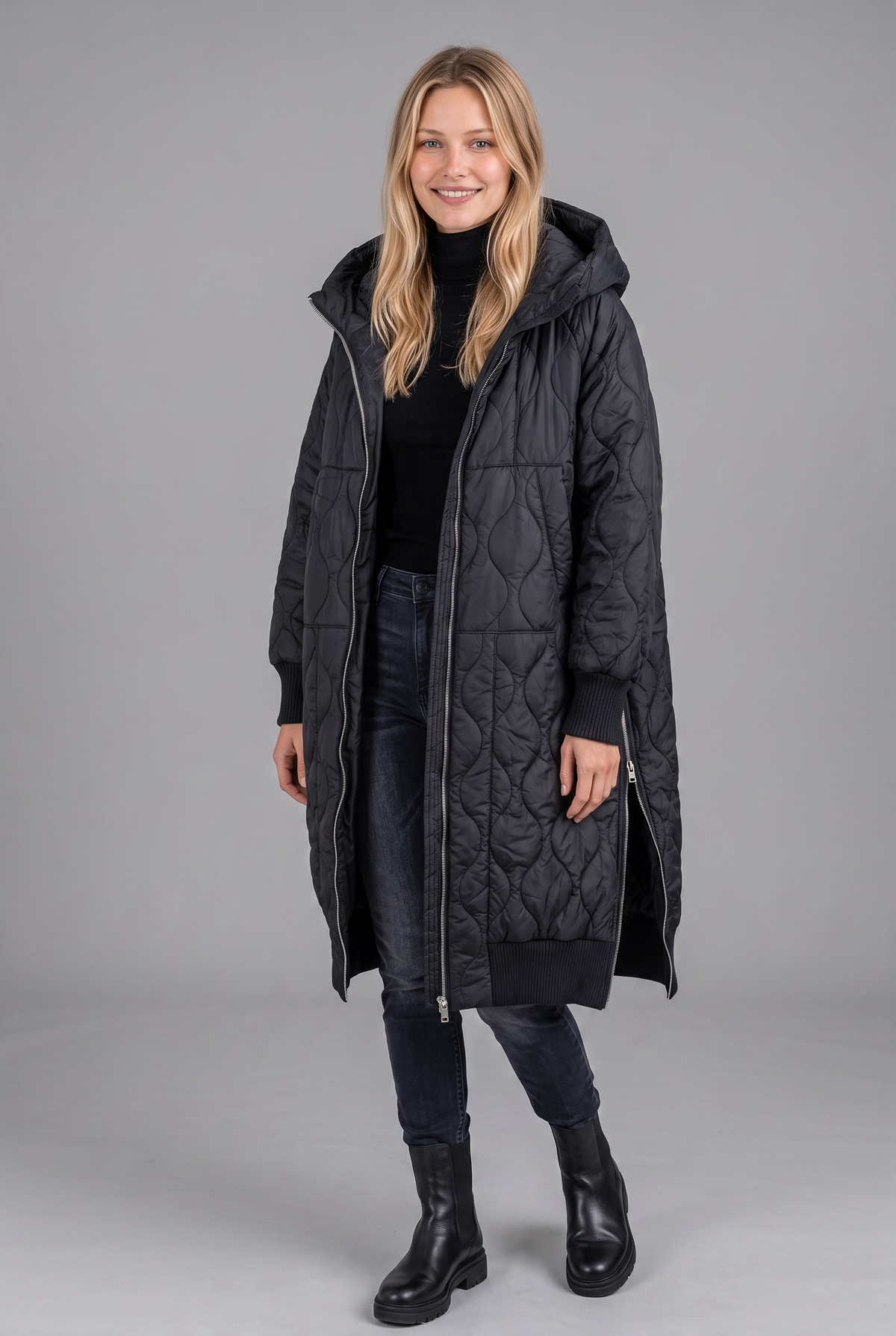 Eternelle 13-FW2628-5 Black Quilted Zip-up Long Coat - Urban Shoetique