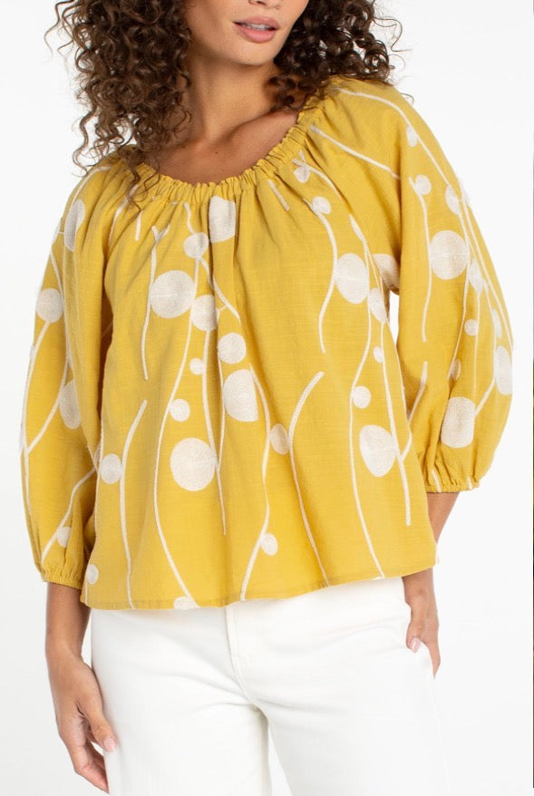 3/4 Sleeve Woven Top LM8G36WV97 Yellow Cream Embroidery