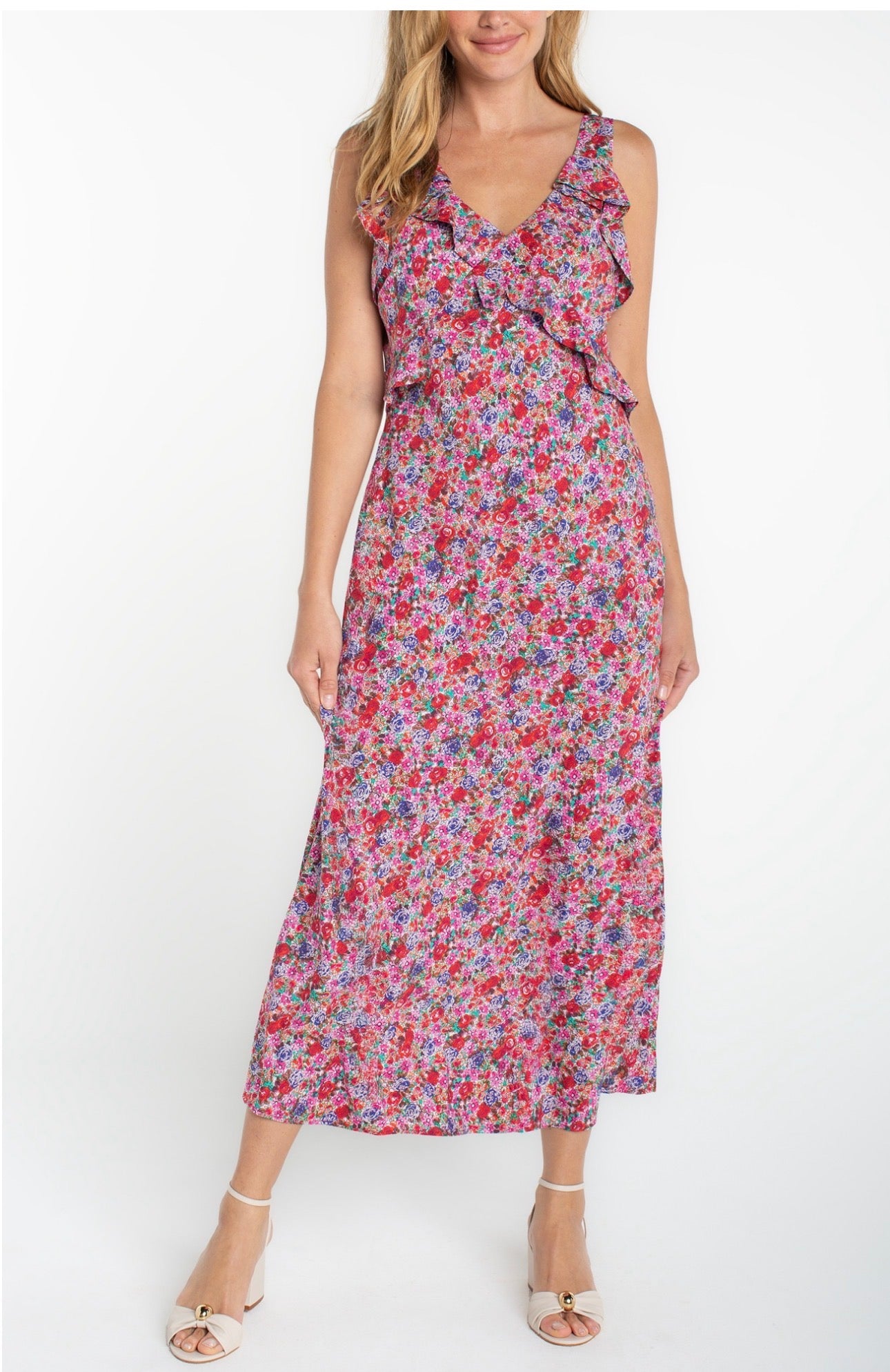 Sleeveless Ruffle Front Woven Maxi Dress LMD030PW3P43