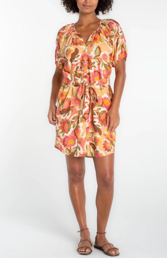 LMD039CF2P86 Short Sleeve Shirred Button Front Woven Dress - Urban Shoetique
