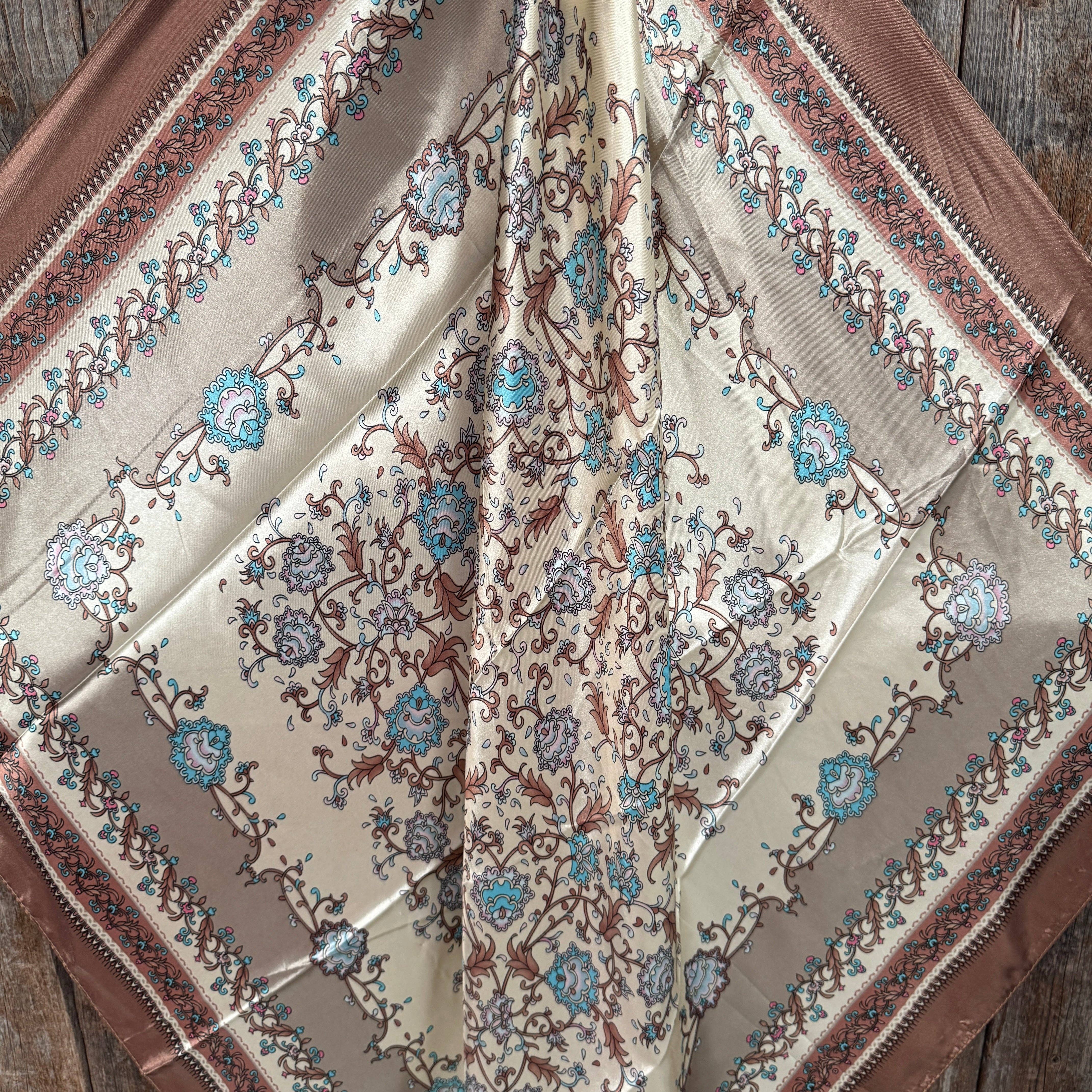 35X35" Brown and Aqua Floral Wild Rag / Scarf WR3444