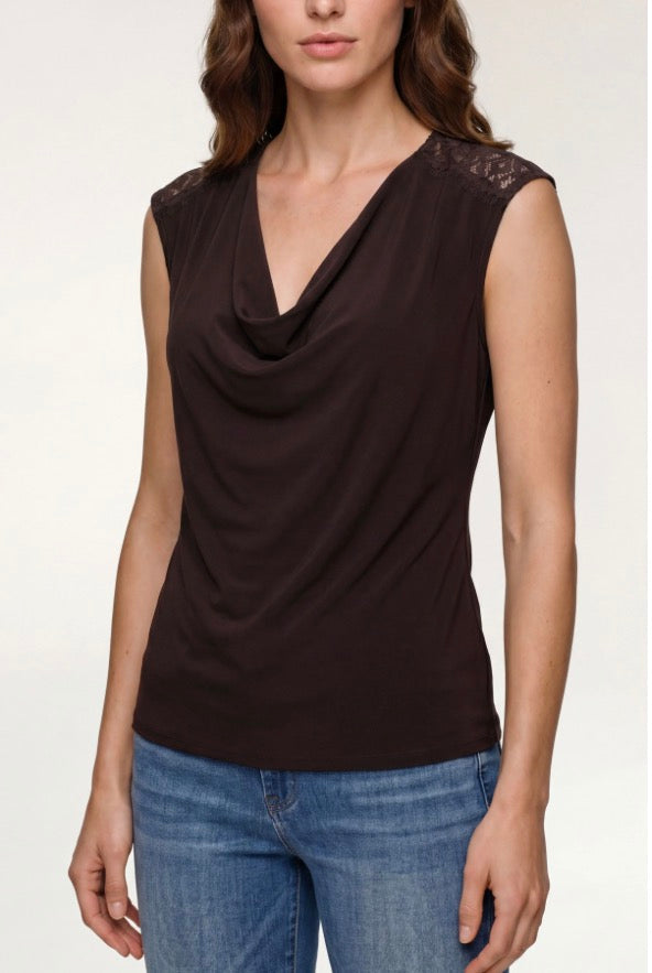 Draped Neck Sleeveless Knit Top w/Lace LM8L78VMK