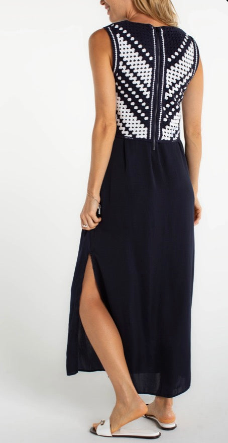 Sleeveless V-neck Crochet Woven Dress in Navy White - Urban Shoetique