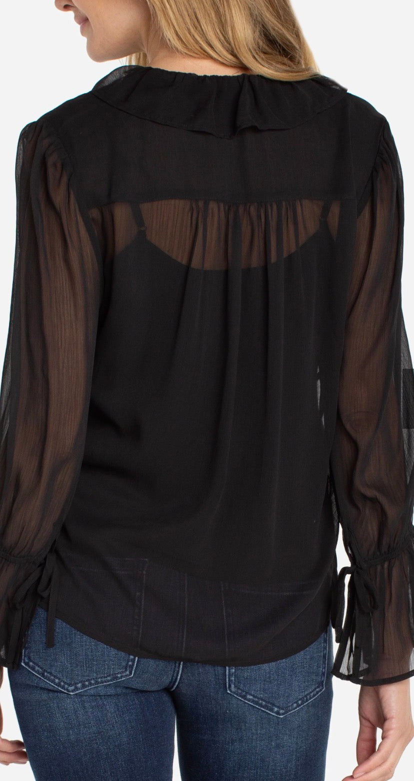 LM8K90PC Long Sleeve Front Woven Ruffle Shirt in Black - Urban Shoetique