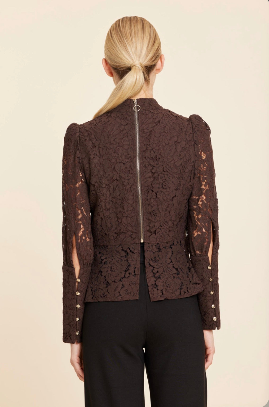 Floral Lace Pearl Button Long Sleeve Peplum Top