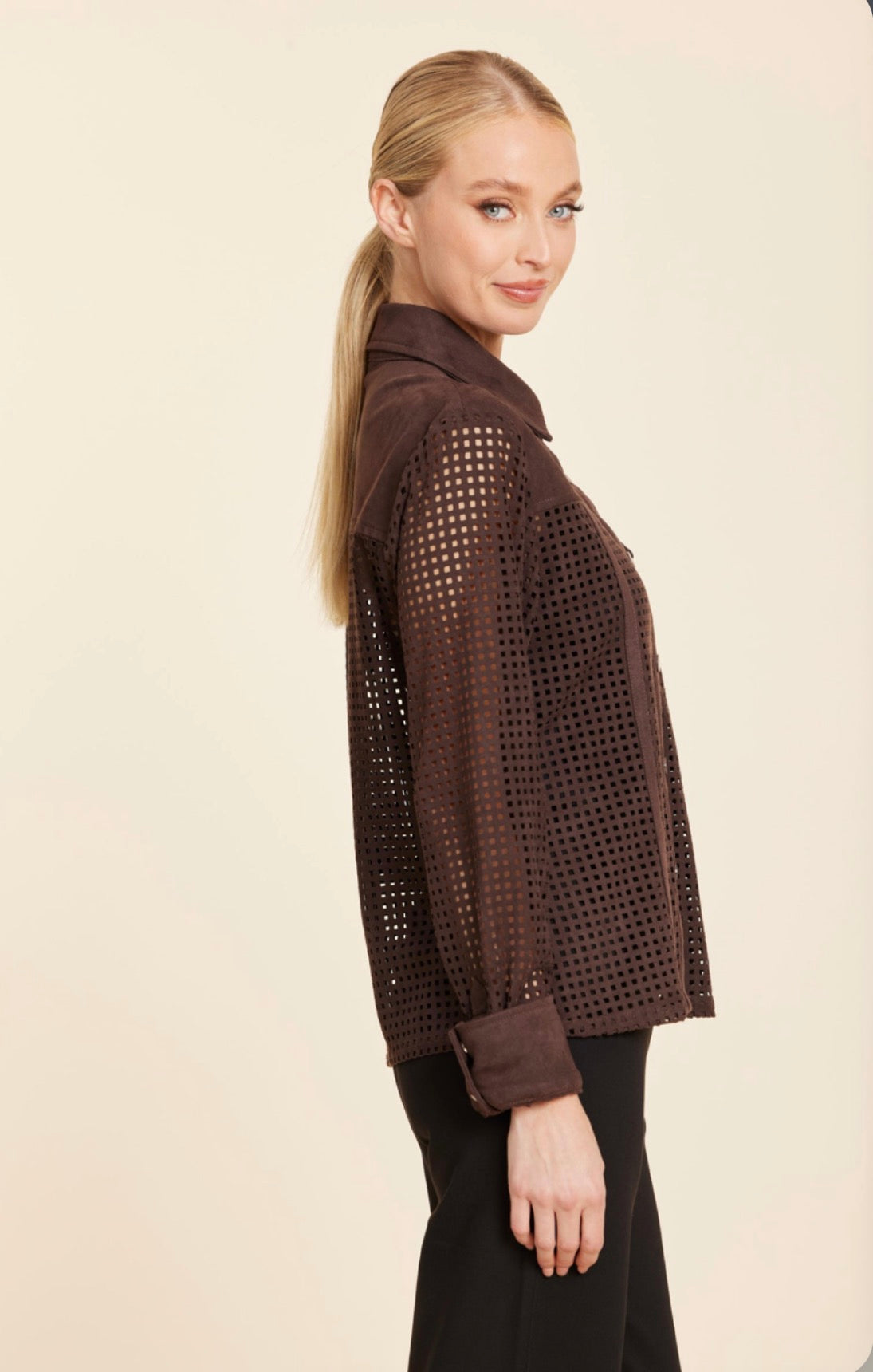 Faux Suede Lattice Cut Out Shirt