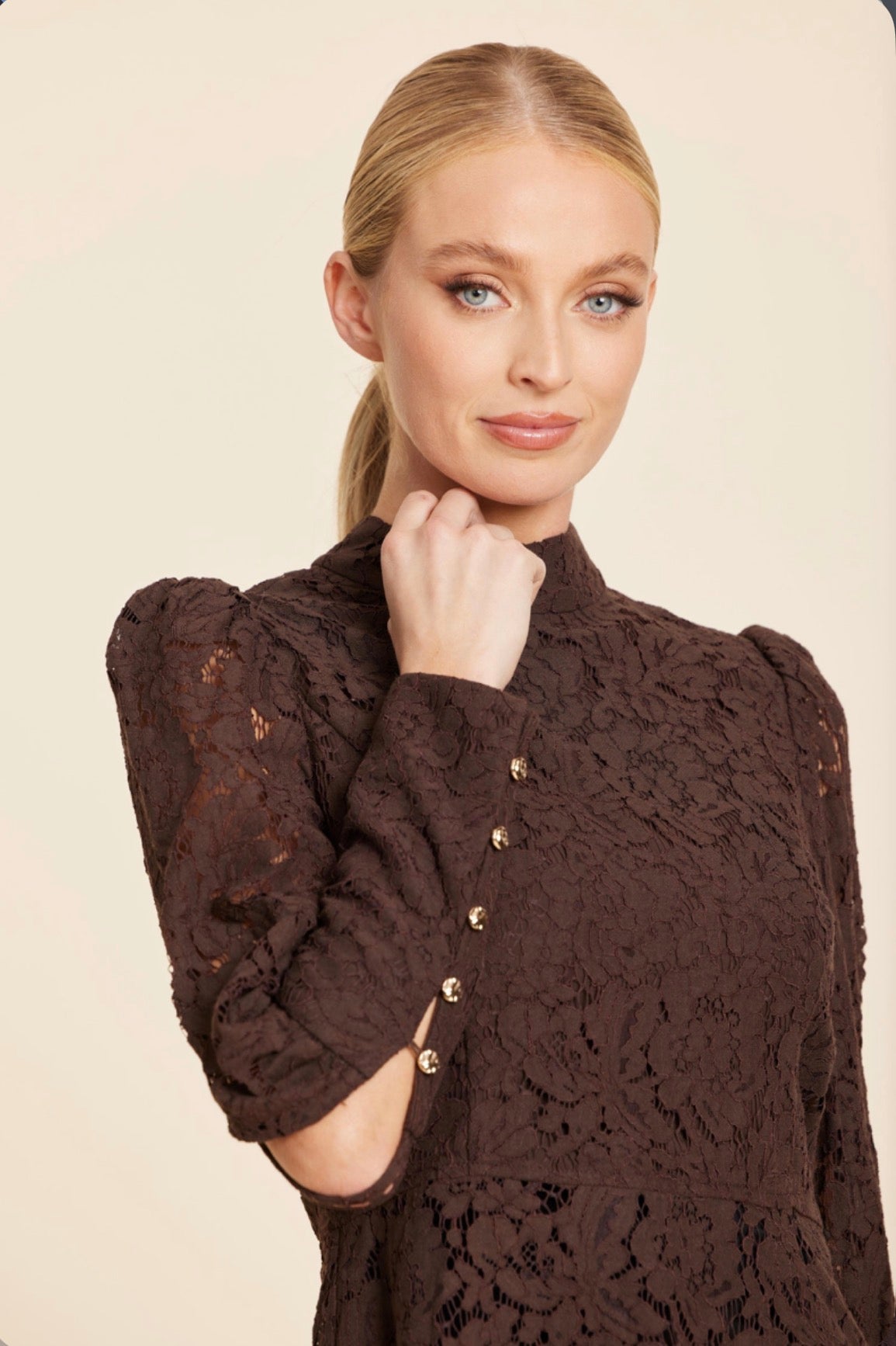 Floral Lace Pearl Button Long Sleeve Peplum Top
