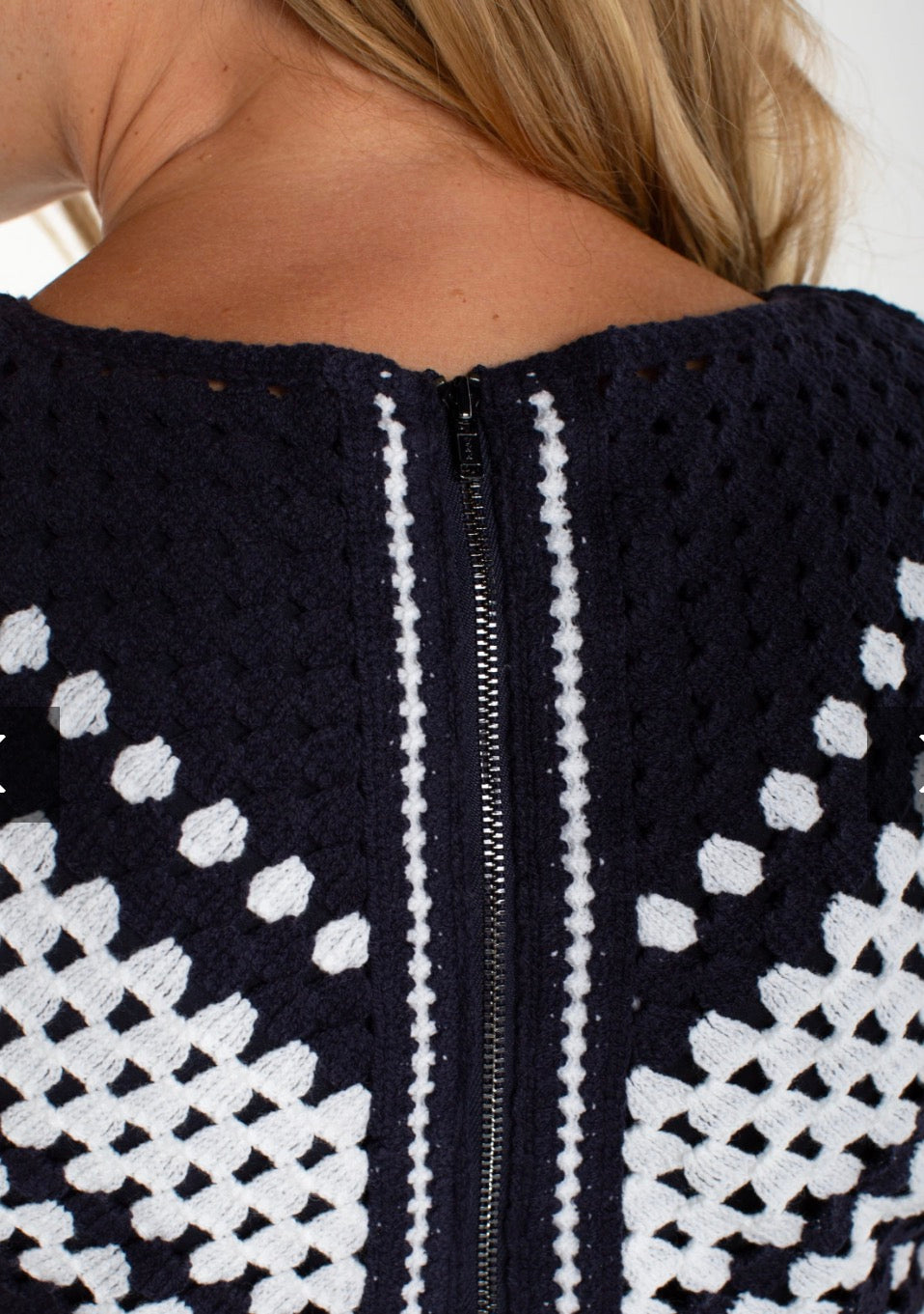 Sleeveless V-neck Crochet Woven Dress in Navy White - Urban Shoetique