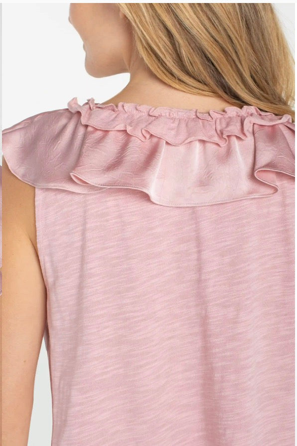 Ruffle Front Sleeveless Woven-to-knit Top in Light Rose - Urban Shoetique