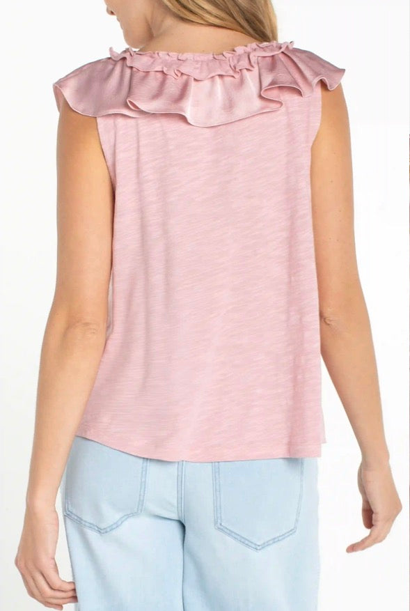 Ruffle Front Sleeveless Woven-to-knit Top in Light Rose - Urban Shoetique