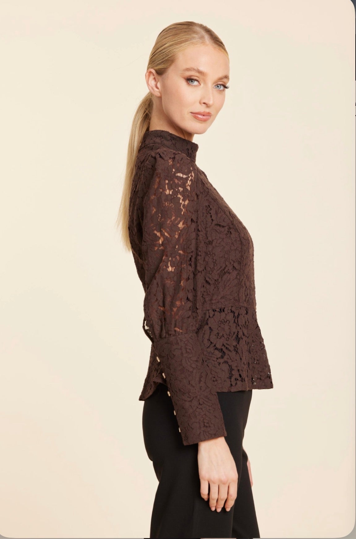 Floral Lace Pearl Button Long Sleeve Peplum Top