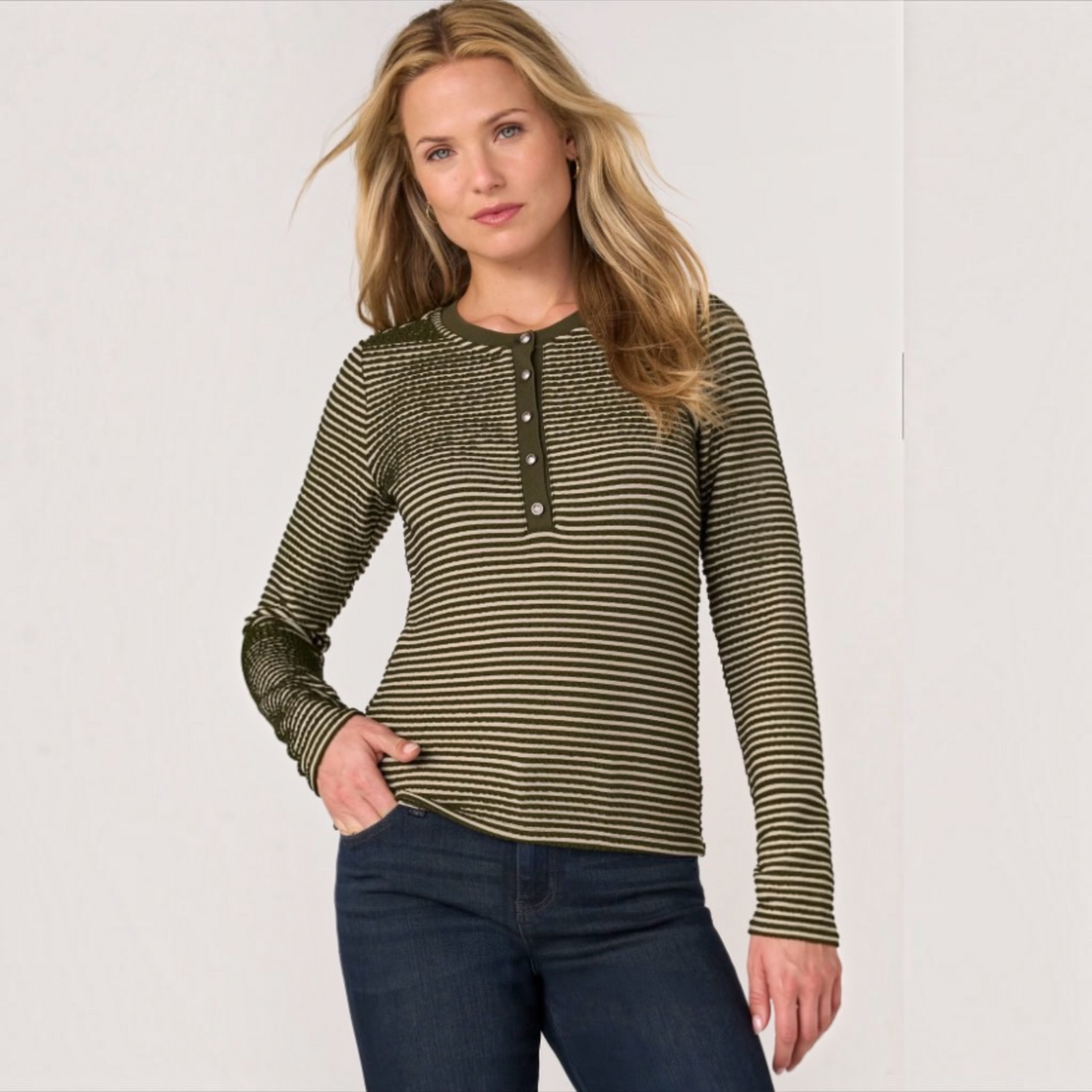 Long Sleeve Knit Henley Top/Sweater Trim LM8M85KB40 Olive Crm Stripe