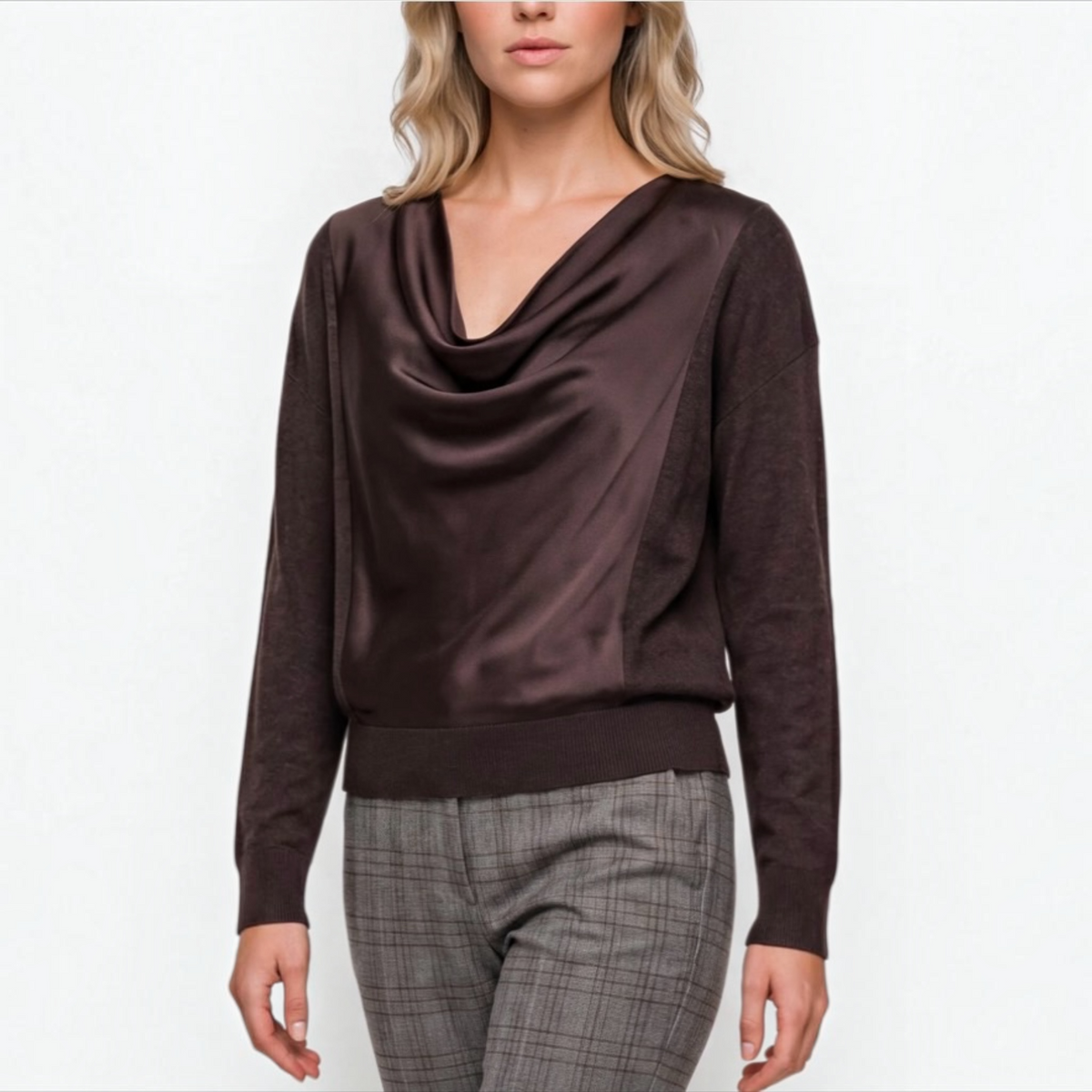 Draped Neck Mixed Media Sweater LM8M14WF20