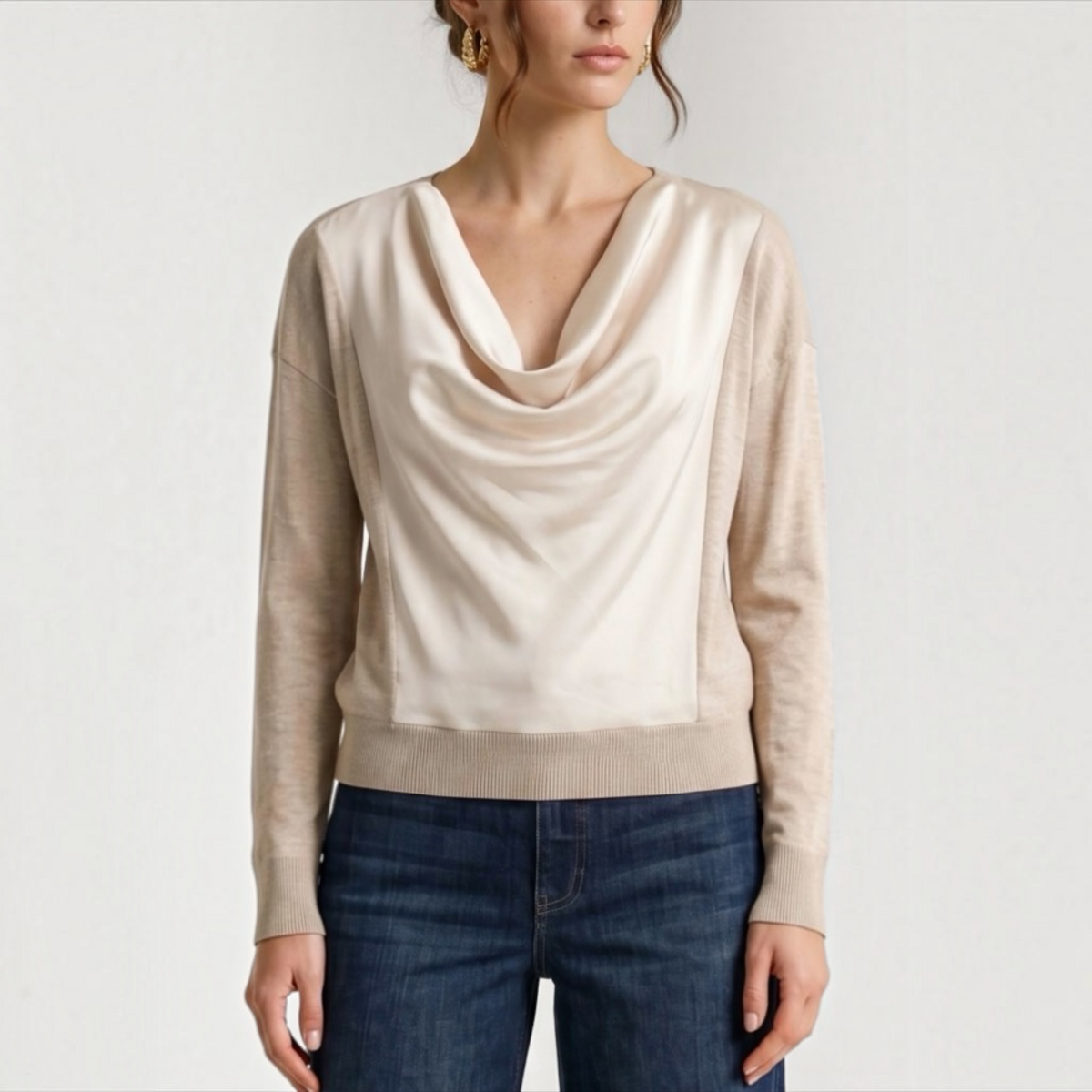 Draped Neck Mixed Media Sweater LM8M14WF20