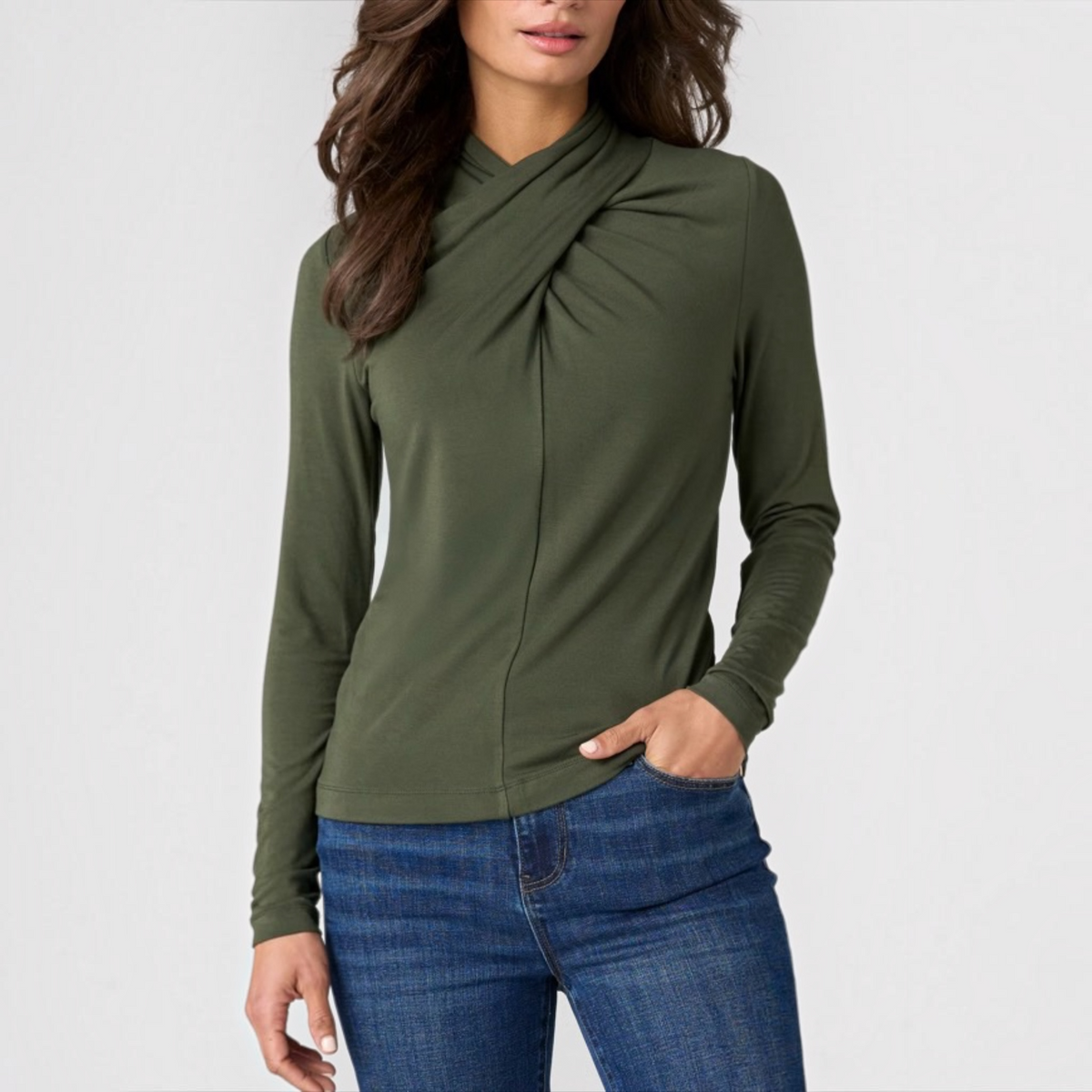 Long Sleeve Wrap Neck Knit Top LM8L49VMK Hunter Green