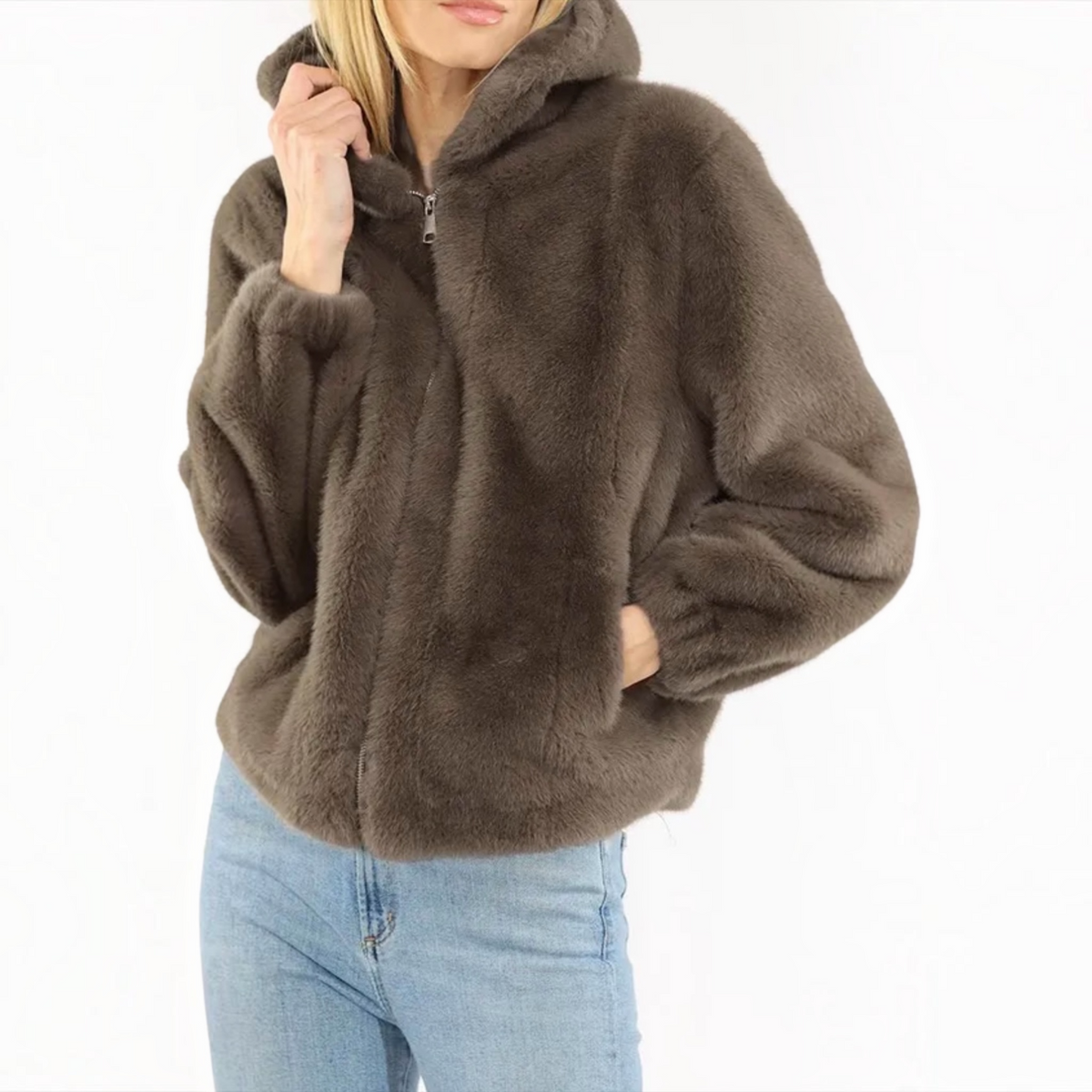 Faux Fur Hooded Cardigan w/Zip Front