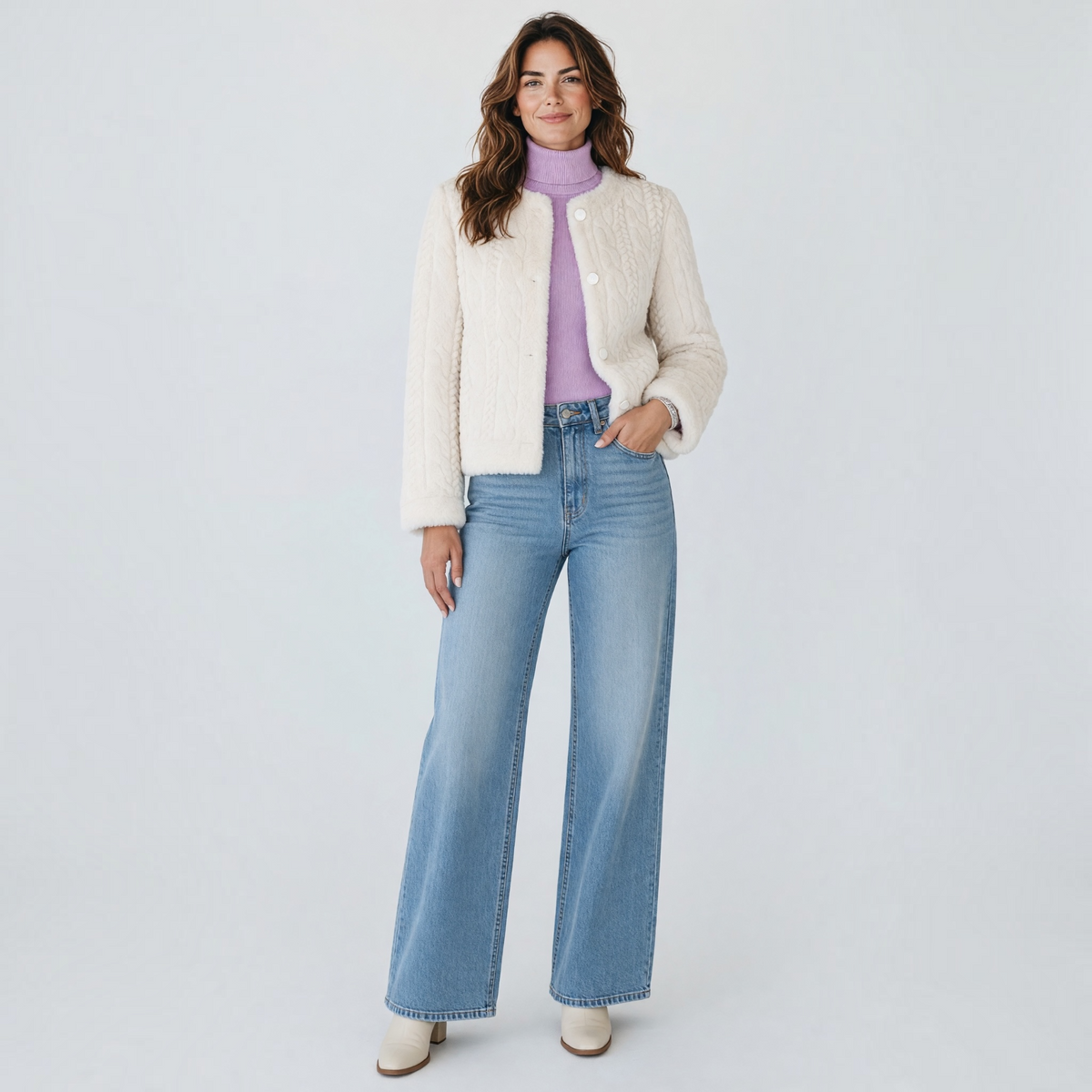 Cable Patterned Faux Fur Crew Neck Cardigan