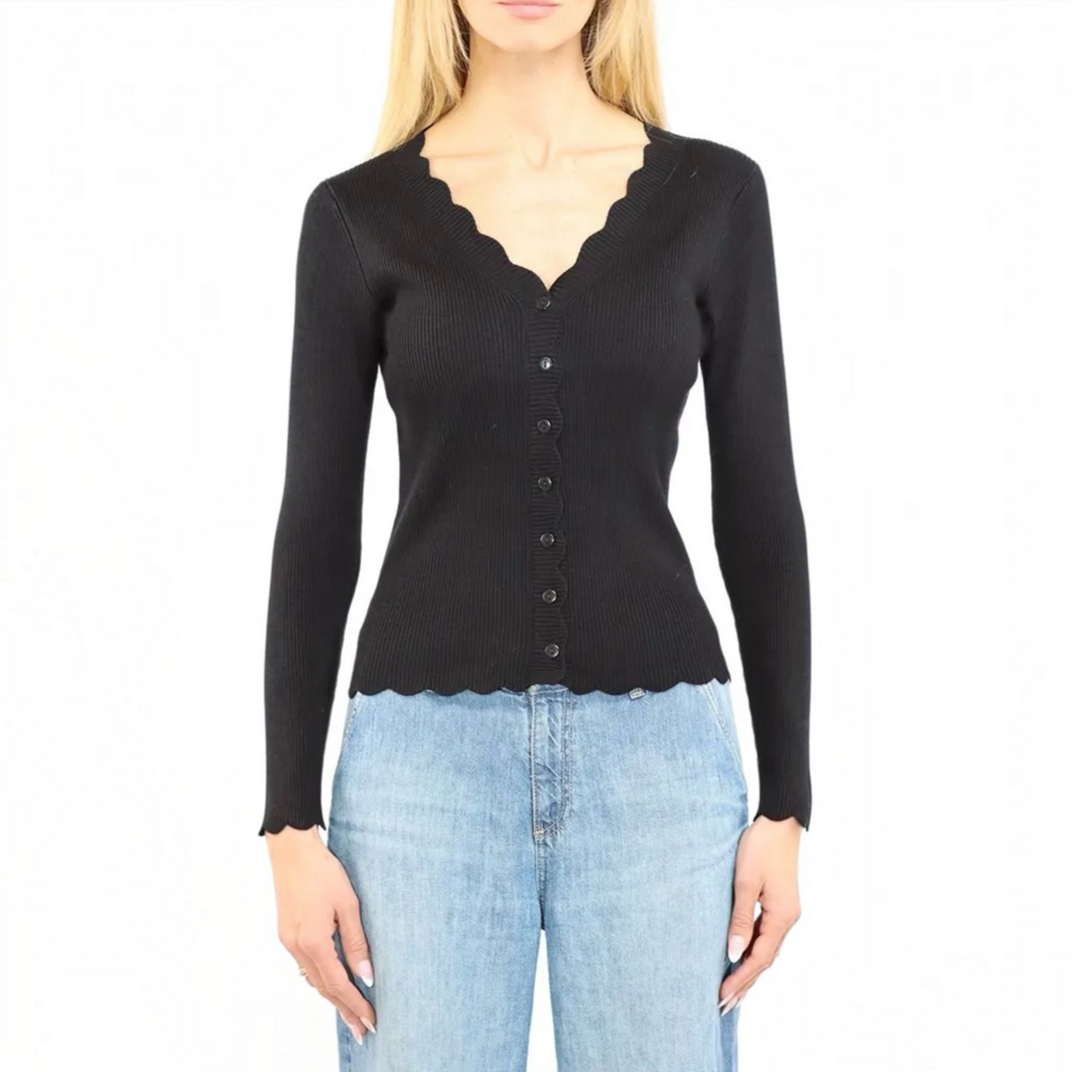 Ribbed Long Sleeve Cardigan w/Scalloped Edges
