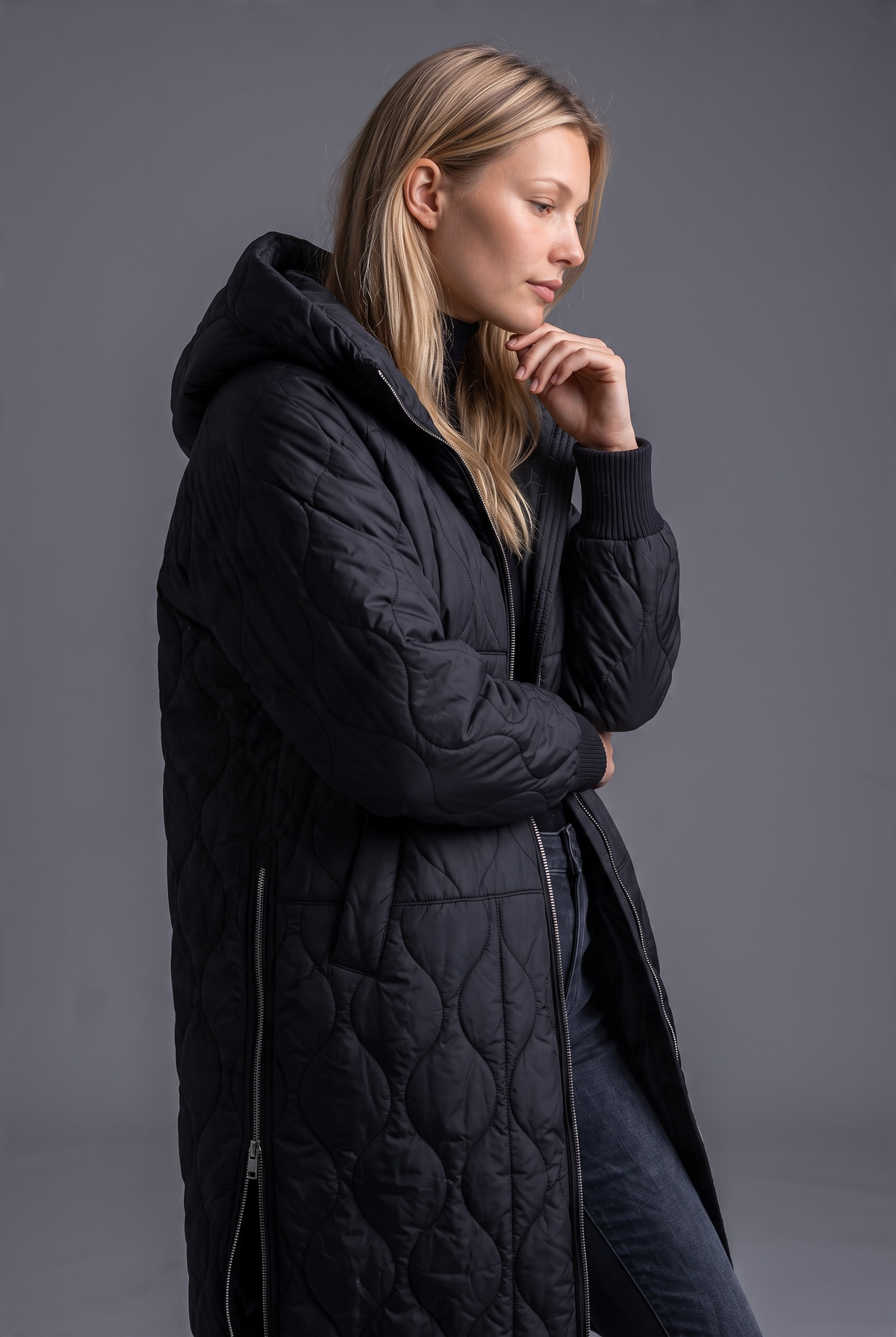 Eternelle 13-FW2628-5 Black Quilted Zip-up Long Coat - Urban Shoetique