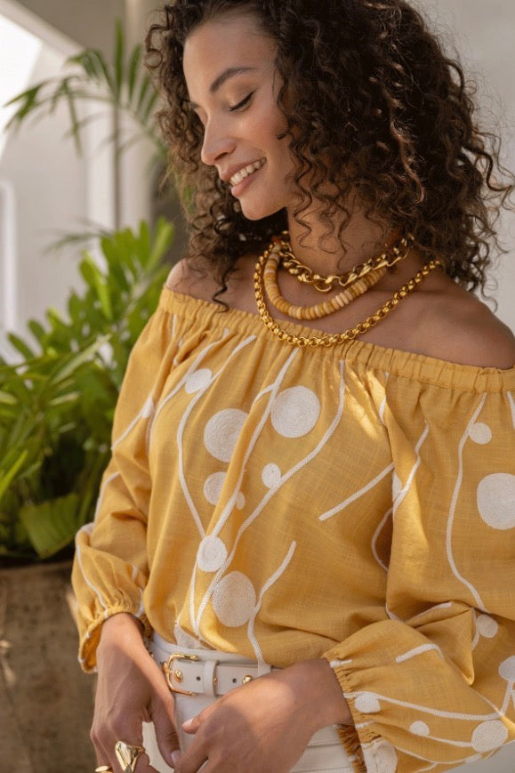 3/4 Sleeve Woven Top LM8G36WV97 Yellow Cream Embroidery