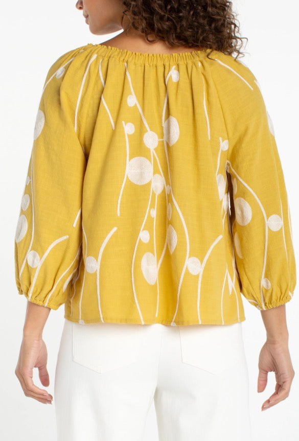 3/4 Sleeve Woven Top LM8G36WV97 Yellow Cream Embroidery