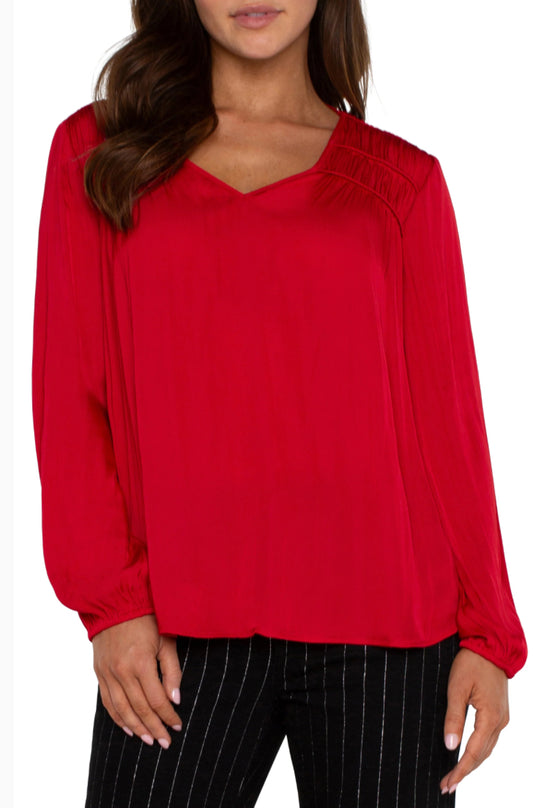 Long Sleeve V-neck Woven Blouse Tango Red - Urban Shoetique