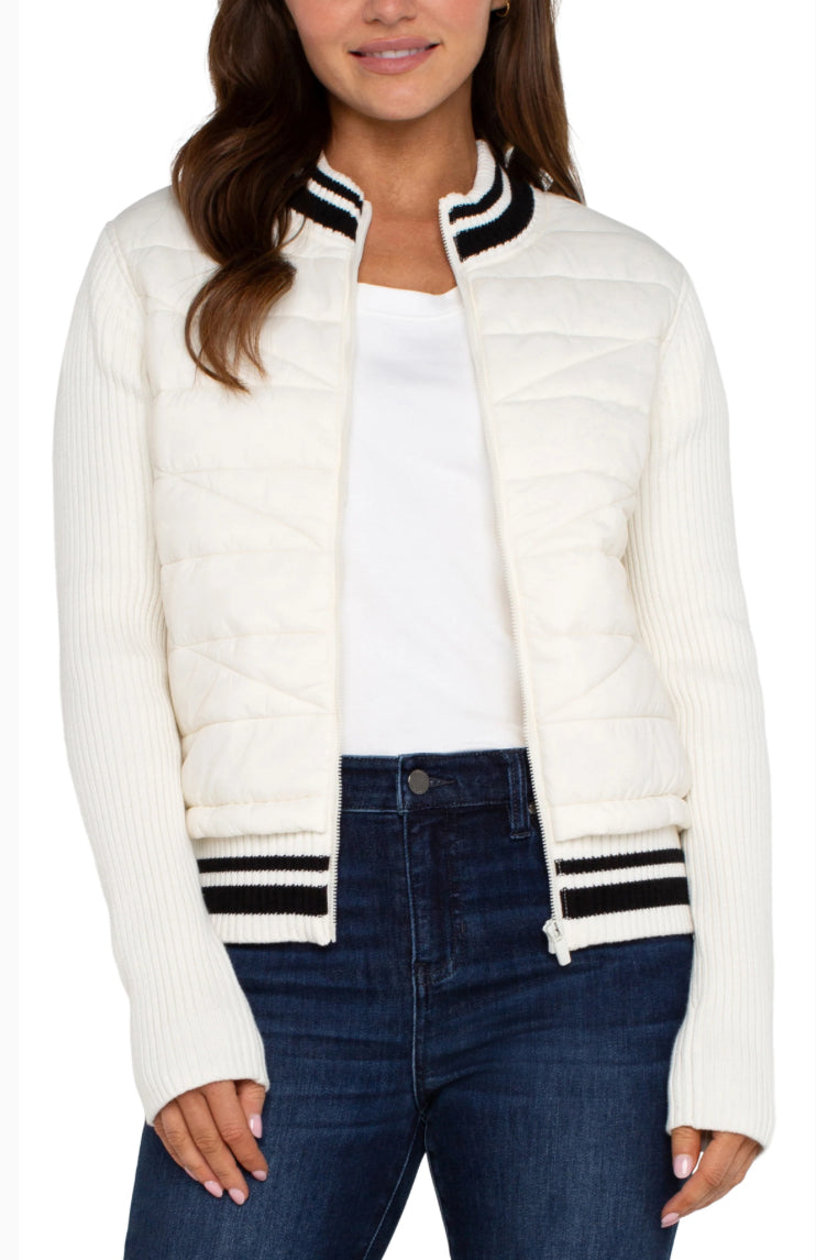 Quilted Front Full Zip Sweater White - Urban Shoetique