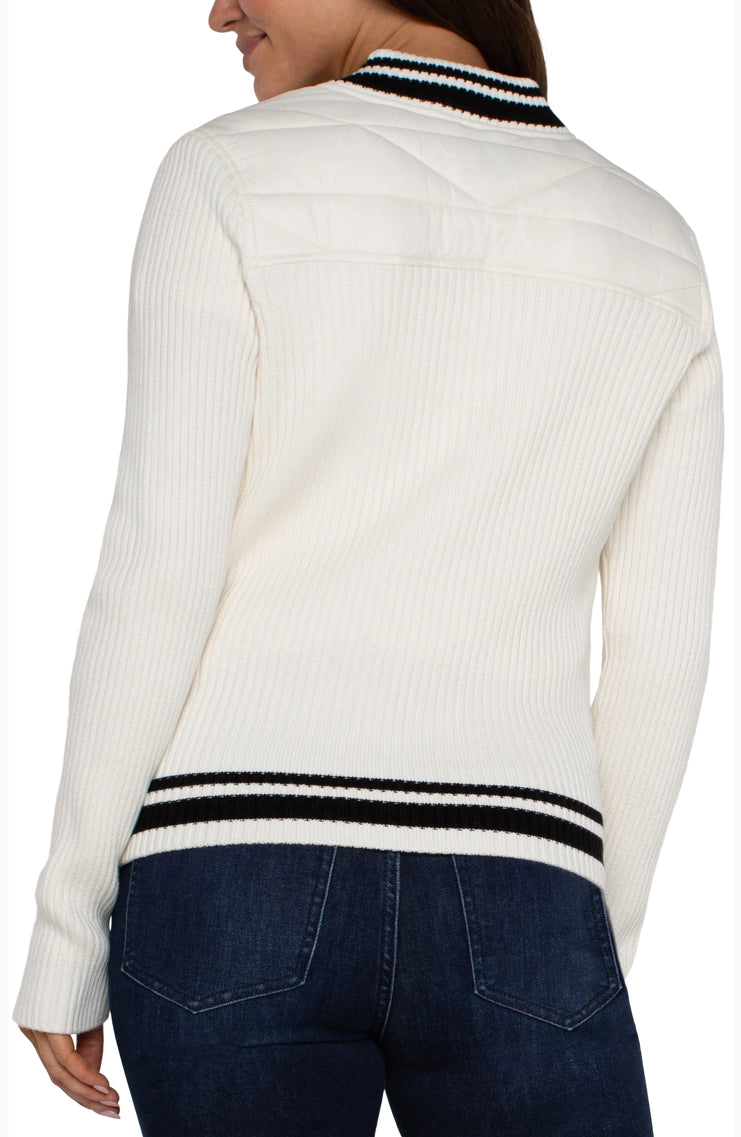 Quilted Front Full Zip Sweater White - Urban Shoetique