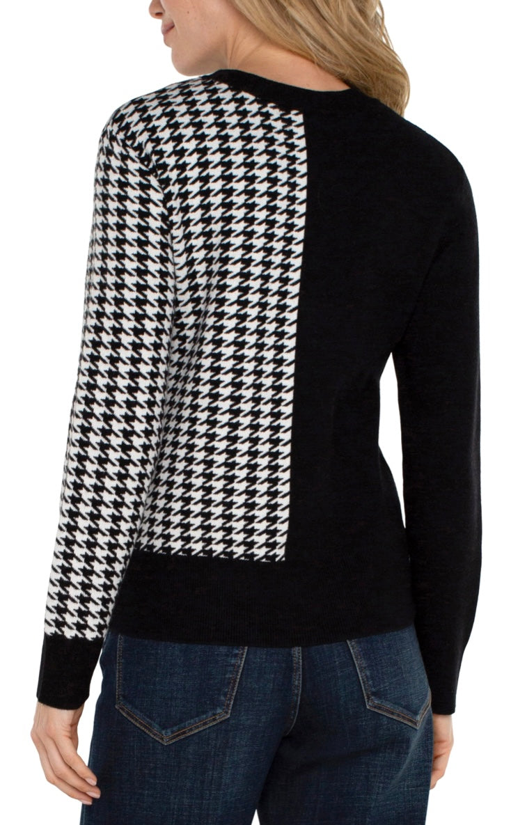 Long Sleeve Crew Neck Sweater Black White Houndstooth - Urban Shoetique