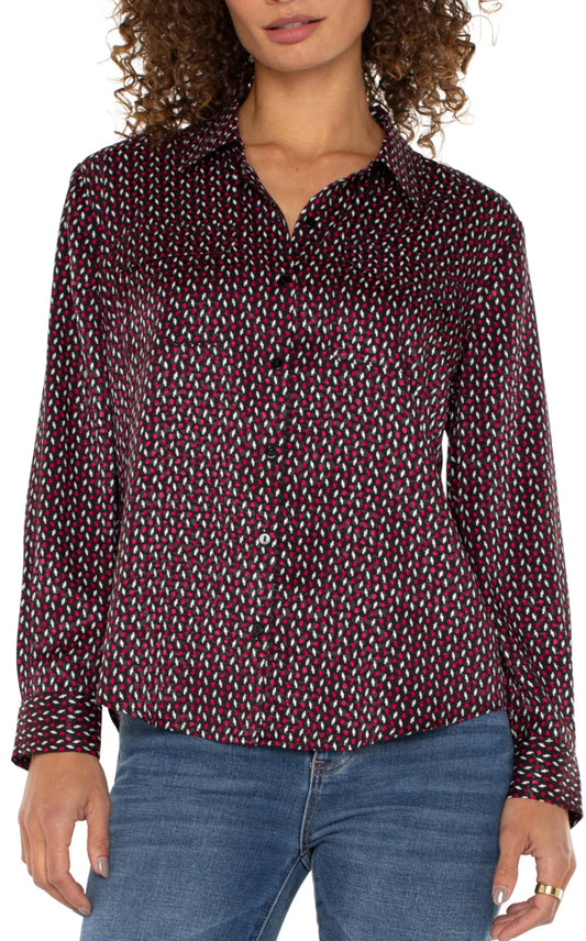 Flap Pocket Button Up Woven Blouse Star Ruby Dot