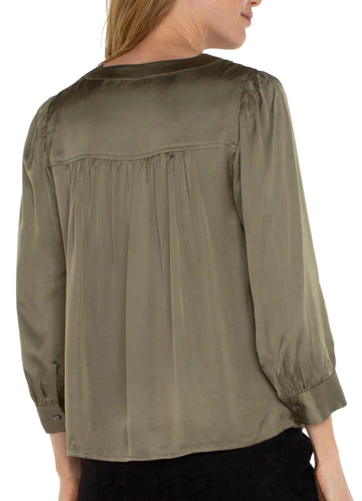 Long Sleeve Pleated Neck Woven Blouse