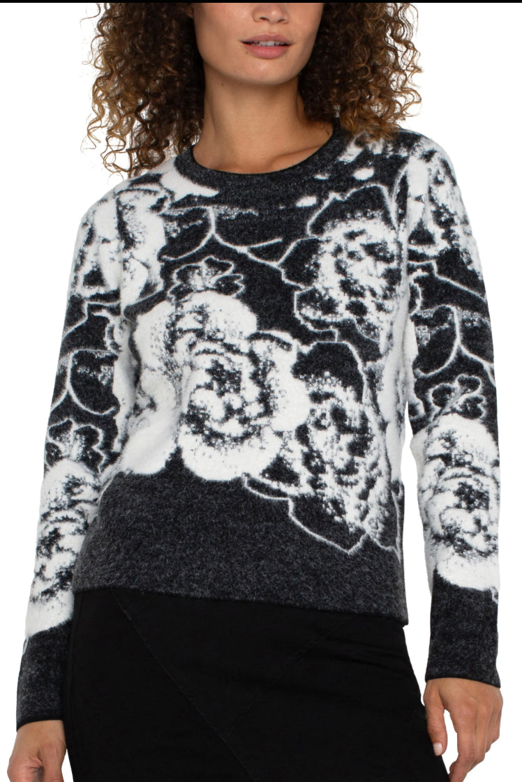 Long Sleeve Crew Neck Sweater Black & White Floral - Urban Shoetique