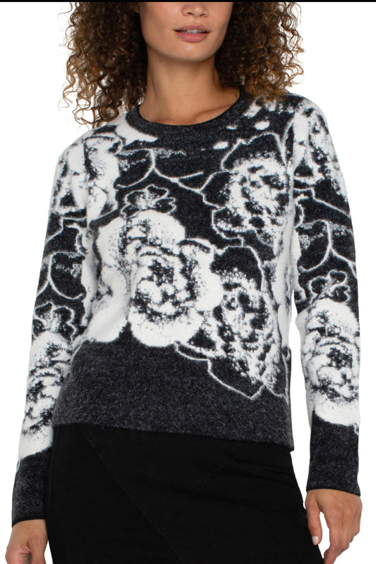 Long Sleeve Crew Neck Sweater Black & White Floral